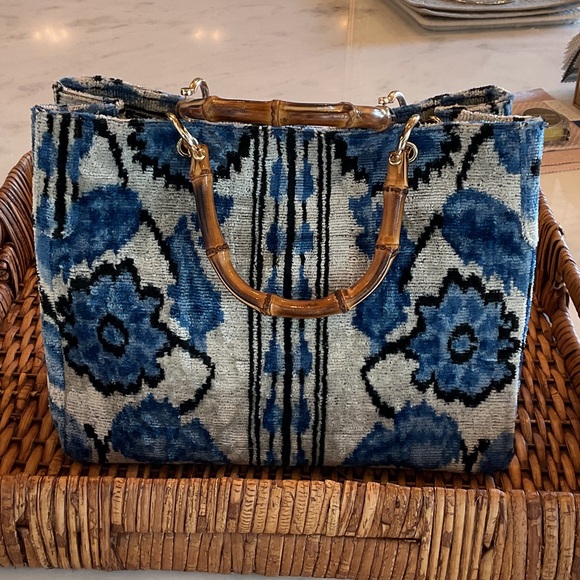 Blue Floral Velvet Tote with Bamboo Handles